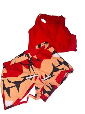 Amazon Red Tank One-Piece Swimsuit with Orange & Black Graphic Shorts